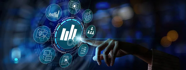 Business Hand Werknemer Aanraken Business Analytics Big Data Analyse Technologie — Stockfoto