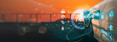 Elektronik araç EV Kablo Pompası, sanal modern teknoloji UI kontrol ekranında elektrikli araca elektrik yükleme fişi, inovasyon alternatif sürdürülebilir eko enerji.