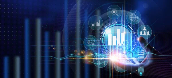 Business Hand Worker Holding Business Analytics Big Data Analyse Technologie — Stockfoto
