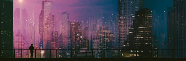 商务人士使用智能手机站在现代空间观望城市夜景 商业无线网络与连接技术概念 — 图库照片