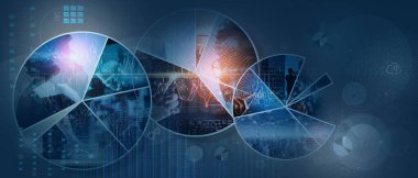 İş ve ekonomi büyüme küresel iş ağı, Müşteri hizmetleri, Teknoloji ve veri bağlantısı, Takım çalışması, Veri Analizi Finansal İş stratejisi ve daire şeklinde dijital pazarlama.