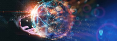 İş adamı el ele tutuşuyor Meta evren, gece büyür dünya ve küresel online ağ bağlantısı veri alışverişleri, küresel iletişim ağı güvenlik kavramı