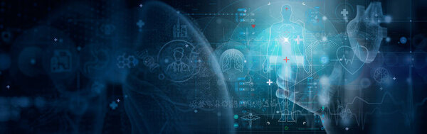 Consultation with a doctor. Full body health check up Medical diagnosis of human cardiovascular diseases, blood pressure, heart anatomy, lungs.Doctor working  intelligence network connecting data analysis innovation technology in medical and science 