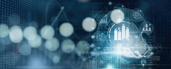 Business Hand Werknemer Holding Business Analytics Big Data Analyse Technologie — Stockfoto