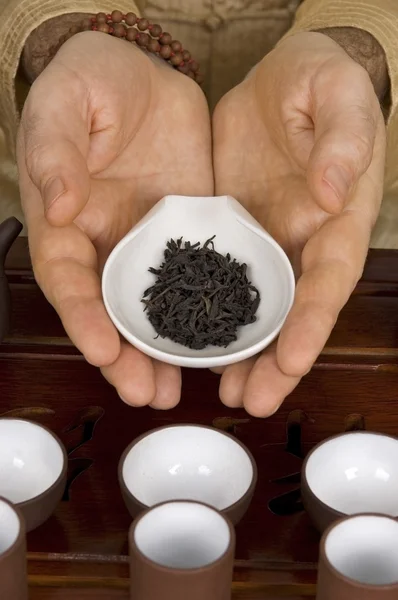 El té en manos del maestro de la ceremonia del té de cerca . —  Fotos de Stock
