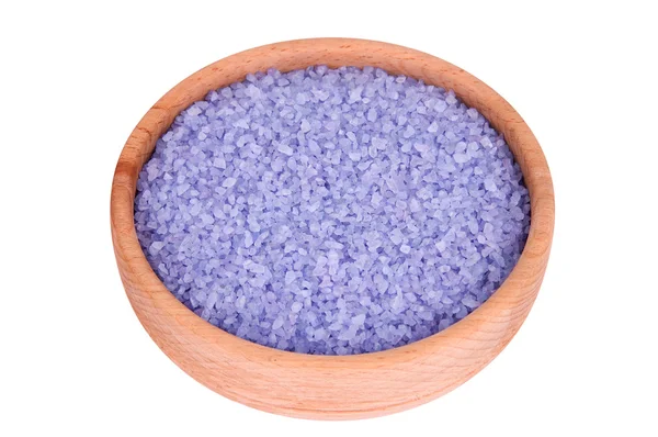 Sea salt enriched with lavender oil in wooden bowl — Stock Photo, Image