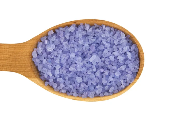 Sea salt enriched with lavender oil in wooden spoon — Stock Photo, Image