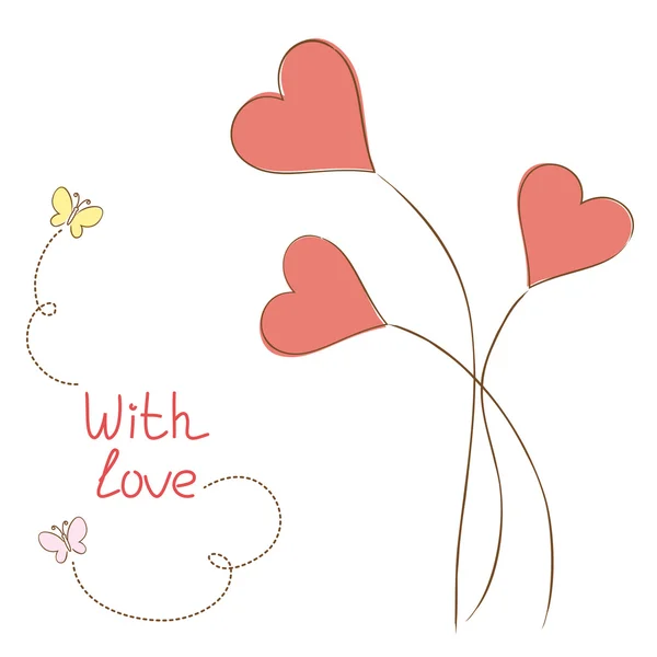 Ευχετήρια κάρτα με καρδιές, λουλούδια που στο χέρι στυλ — Διανυσματικό Αρχείο