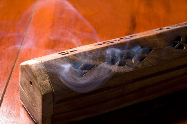 Incense in wooden box smoking — Stock Photo, Image