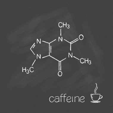 Caffeine molecule and cup of coffee chalked on blackboard clipart