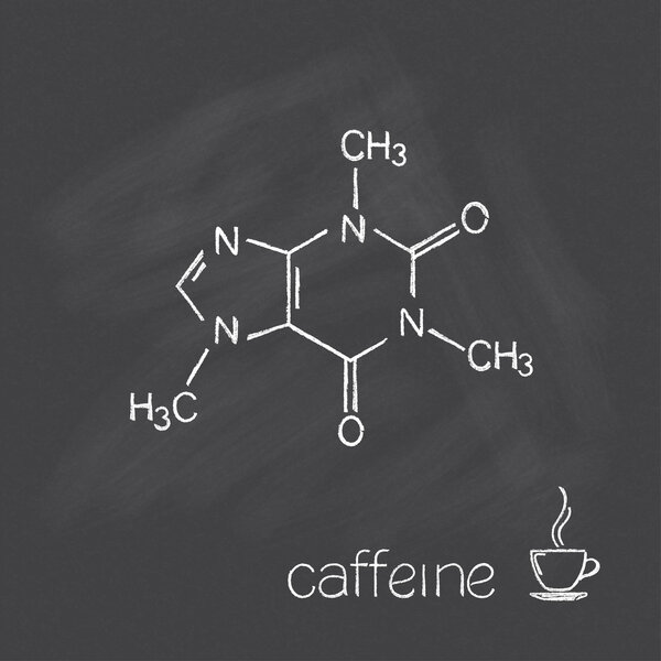Caffeine molecule and cup of coffee chalked on blackboard