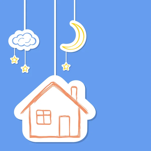 Σπίτι με το φεγγάρι, αστέρια και τα σύννεφα με doodle στυλ — Διανυσματικό Αρχείο