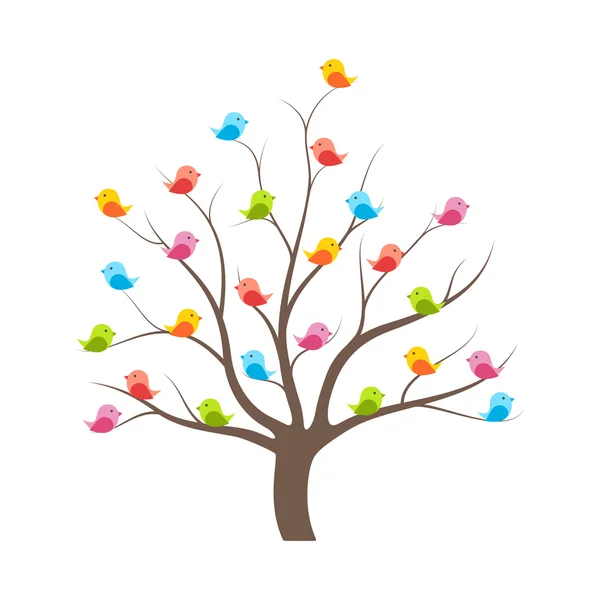 Ağaç üzerinde birçok renkli sevimli kuş — Stok Vektör