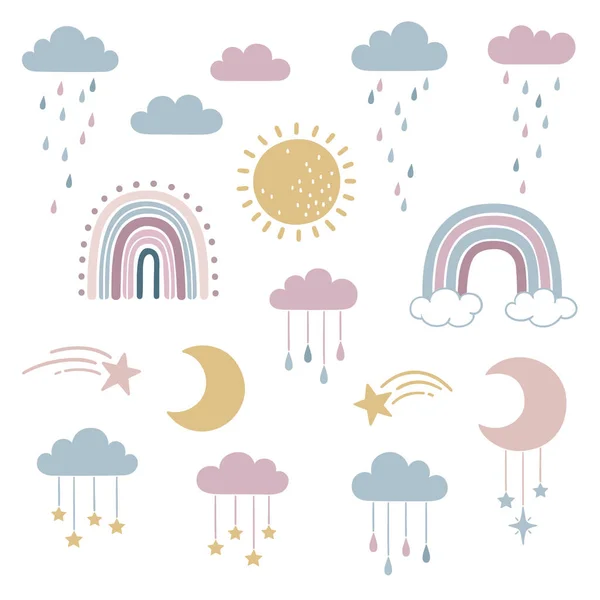 Set Doodle Sky Weather Elements Sun Moon Stars Clouds Raindrops — Stock Vector
