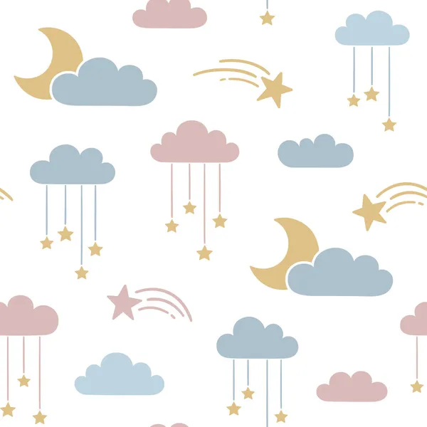 Dreamy Cute Seamless Pattern Moon Stars Clouds — Stock Vector