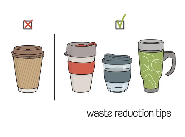 减少废物的建议 选择可重复使用的杯子 而不是一次性杯子作为饮料 带上你自己的杯子概念 零浪费生活方式 — 图库矢量图片