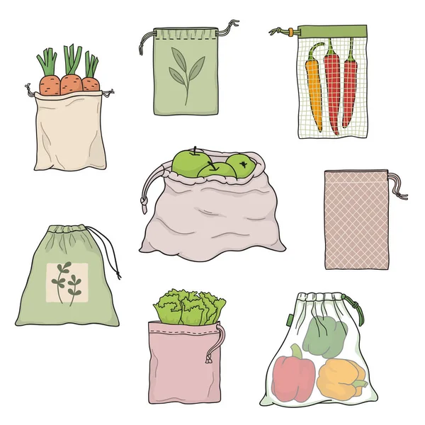 果物や野菜と繊維再利用可能な製品バッグのセット 環境に優しいショッピング ゼロ廃棄物の概念 プラスチック汚染削減のヒント — ストックベクタ