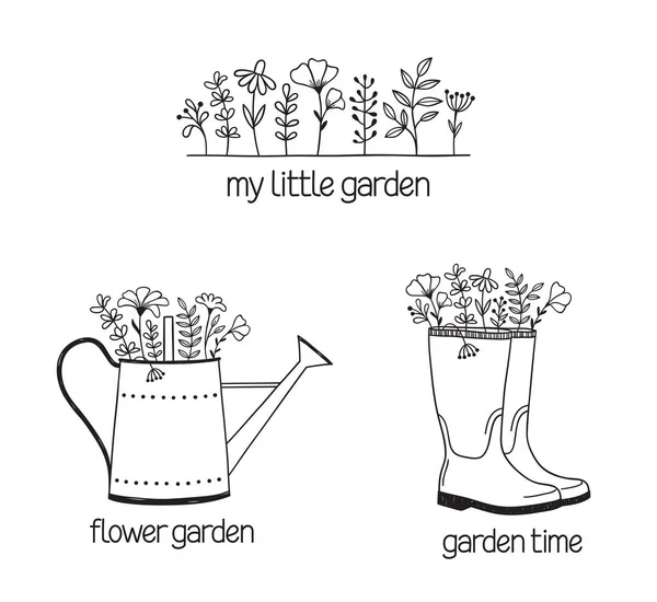 Conjunto Composiciones Dibujadas Mano Con Regadera Botas Goma Flores Jardinería — Vector de stock