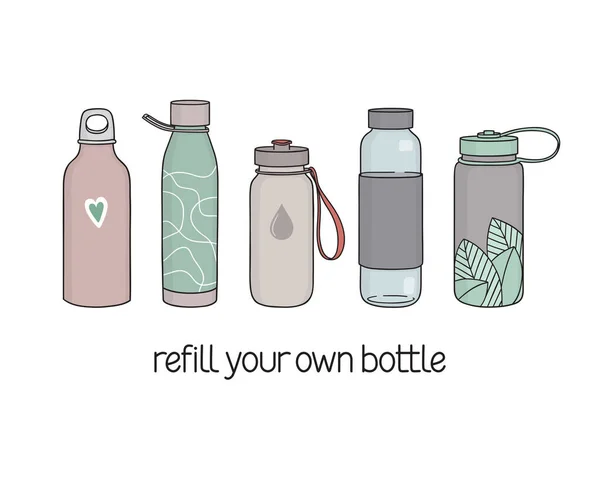 手描きの再利用可能な水ボトルのセット 自分のボトルのスローガンを記入してください プラスチック ゼロ廃棄物のヒント エコリビングコンセプトはありません — ストックベクタ
