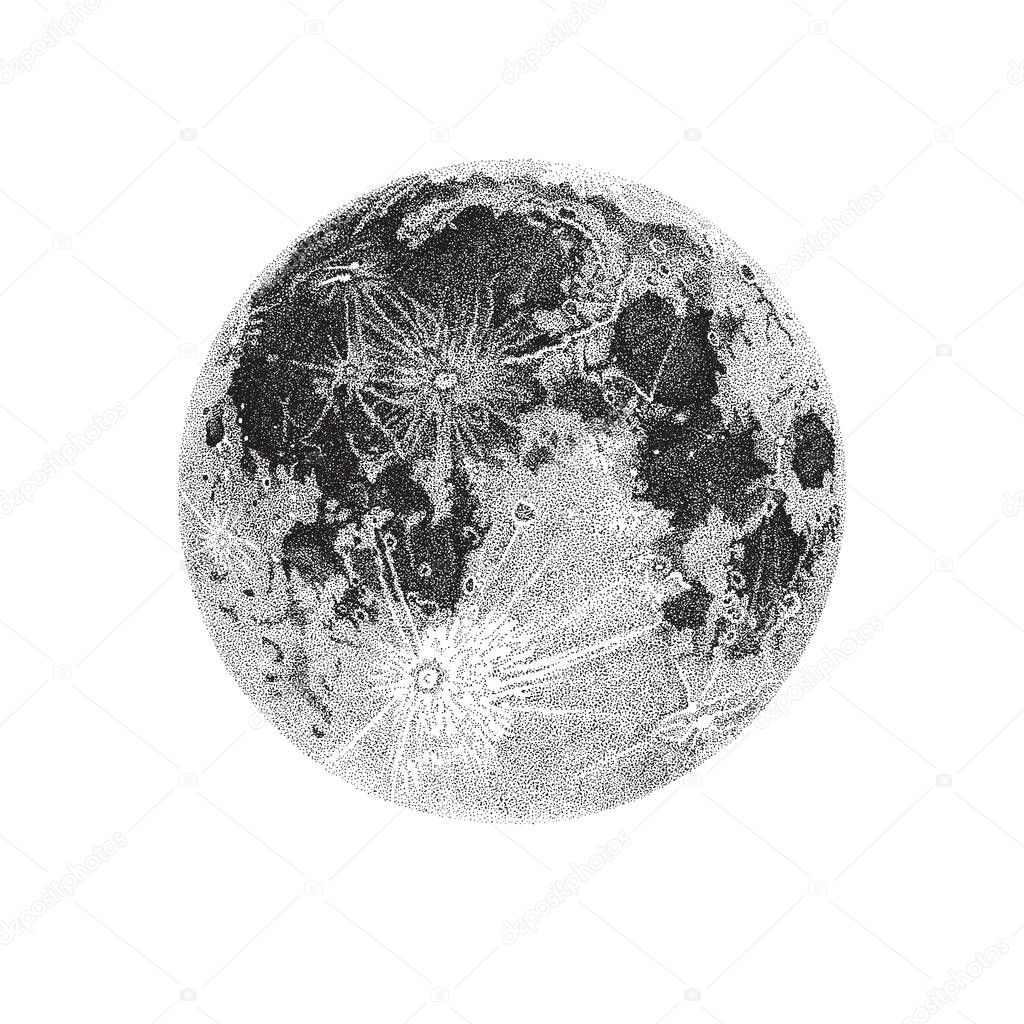 Detailed Full Moon ink drawing in dotwork style