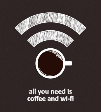 Elle çizilmiş kablosuz ağ sembollü bir fincan kahve. Tek ihtiyacın olan kahve ve kablosuz internet cümlesi.