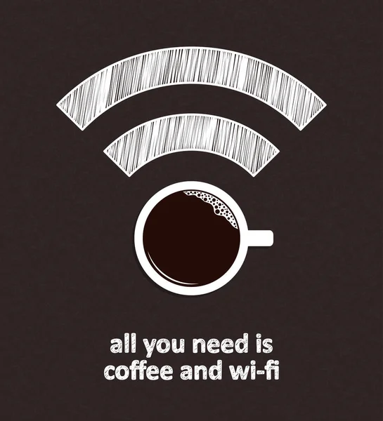 一杯咖啡 在黑板的背景上画上无线网络的符号 你所需要的只是咖啡和无线网络用语 — 图库矢量图片