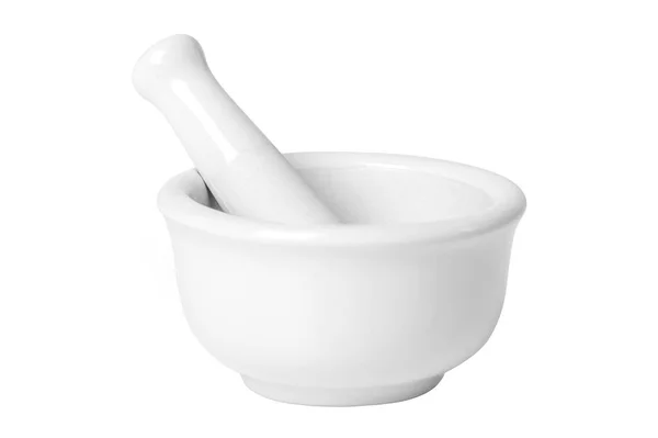 Ceramiczny Biały Moździerz Wtih Tłuczek Izolowany Białym Tle — Zdjęcie stockowe