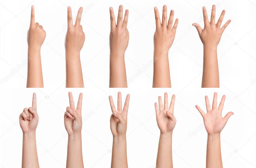 Set of Woman hand counting number isolated on white background.