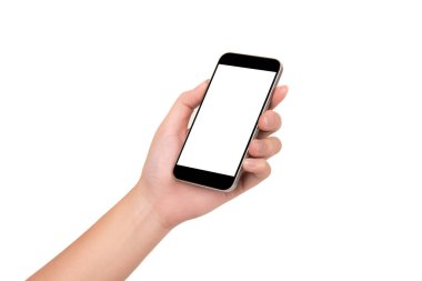 Beyaz arka planda akıllı telefonu tutan kadın.