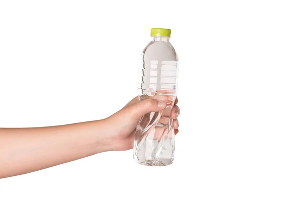 Женщина Держит Бутылку Минеральной Воды Белом Фоне — стоковое фото