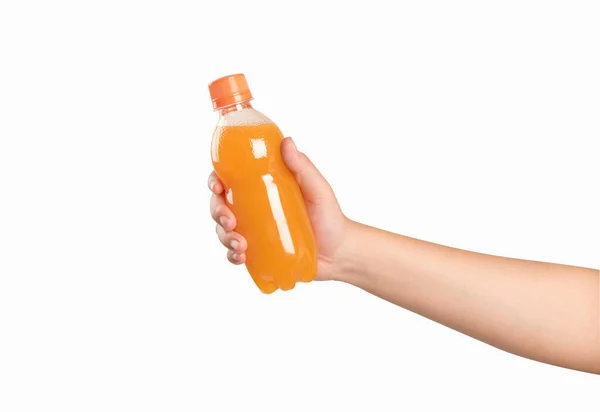 Γυναίκα Κρατώντας Μπουκάλι Χυμό Πορτοκαλιού Απομονώνονται Λευκό Φόντο — Φωτογραφία Αρχείου