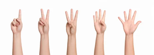 Vrouw Hand Gebaren Tellen Nummers Geïsoleerd Witte Achtergrond — Stockfoto