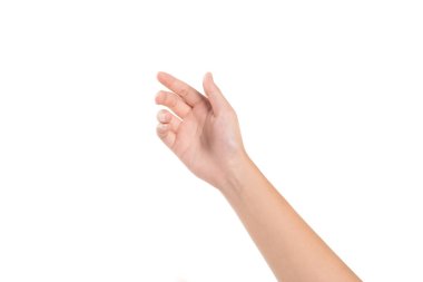 El kol hareketi yapan kadın beyaz arka planda izole edilmiş bir şey seç..