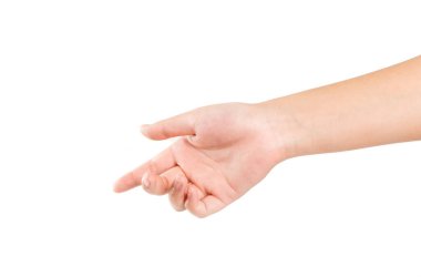 El kol hareketi yapan kadın beyaz arka planda izole edilmiş bir şey seç..