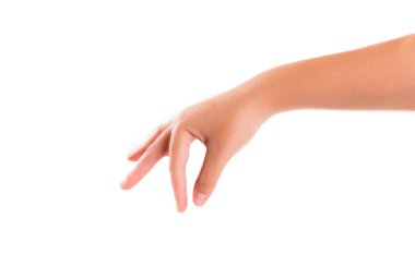 El kol hareketi yapan kadın beyaz arka planda izole edilmiş bir şey seç..