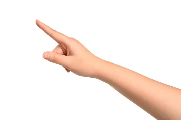 Kobieta Ręka Gestykulując Wskazując Palec Odizolowany Białym Tle — Zdjęcie stockowe