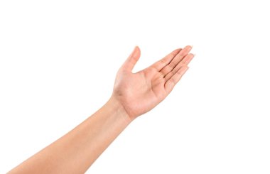 Beyaz arka planda el kol hareketi yapan kadın..