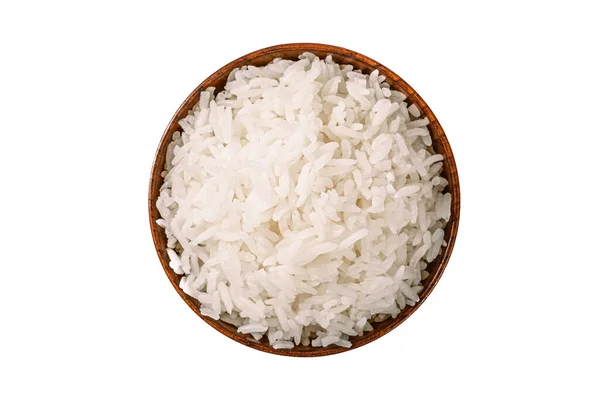 Tahta kasedeki Tayland Jasmine pirincinin beyaz arka planda izole edilmiş görüntüsü.