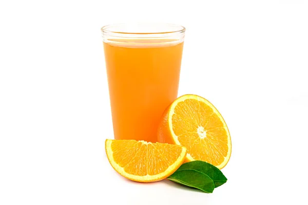 Verre Jus Orange 100 Avec Des Fruits Tranchés Des Feuilles — Photo