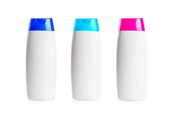 Set Botellas Plástico Champú Blanco Sobre Fondo Aislado —  Fotos de Stock