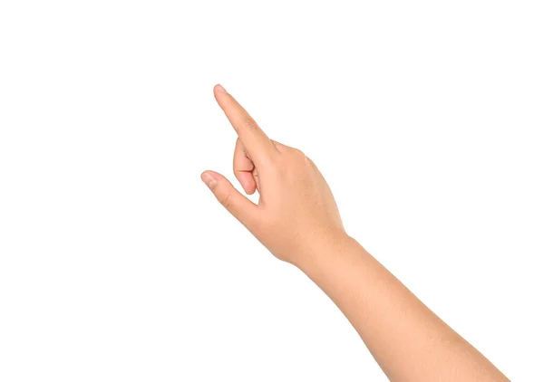 Beyaz arka planda el kol hareketi yapan kadın..