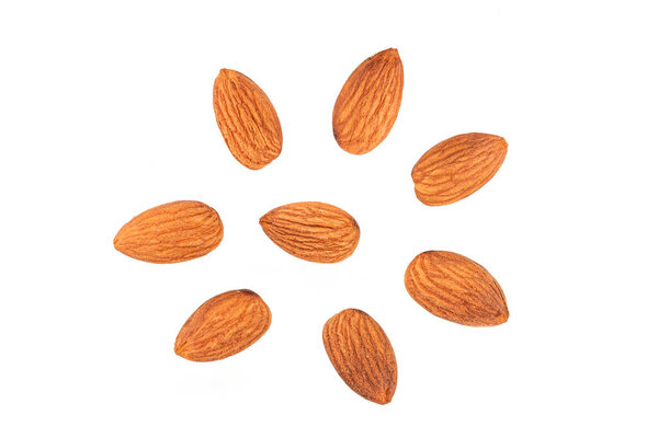 Top view of Almonds seed isolated on white background.