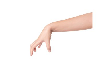 Beyaz arka planda el kol hareketi yapan kadın..