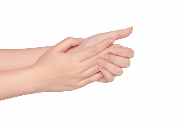 Γυναίκα Χέρι Gesturing Χέρι Τρίψιμο Μαζί Κάτι Σαν Τζελ Αλκοόλ — Φωτογραφία Αρχείου