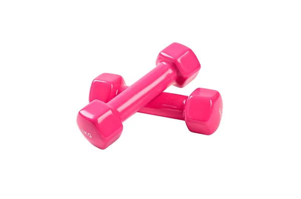 Růžové Činky Izolované Bílém Pozadí Fitness Pozadí Vybavení Pro Tělocvičnu — Stock fotografie