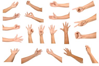 Beyaz arkaplanda izole edilmiş Man el hareketleri seti.