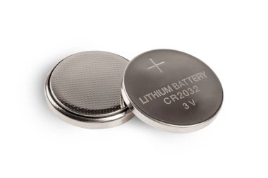 op view of Lithium battery CR2032 3v isolated on white background, buttom battery isolated, coin battery isolated.