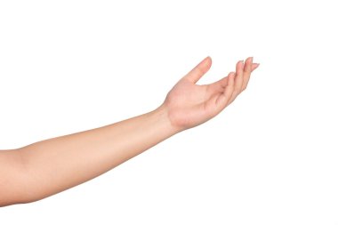 Woman hand gesturing spread the hand begging for somthing isolated on white background.