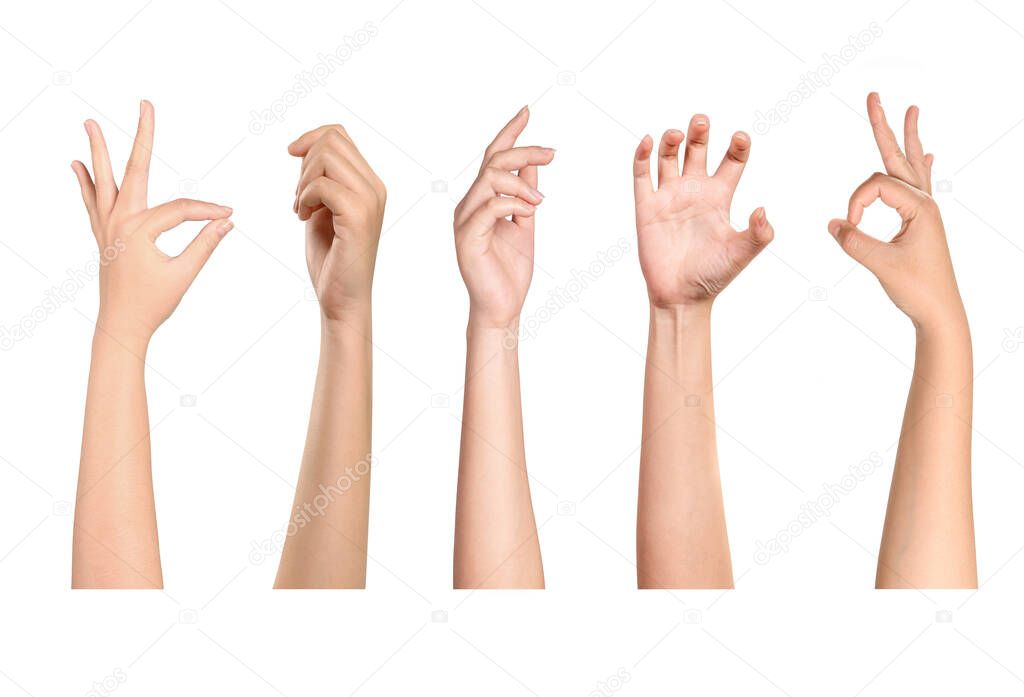 Woman hand gesturing isolated on white background.