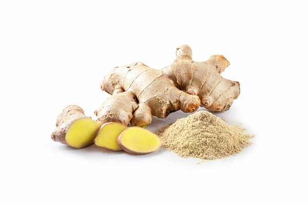 Fresh ginger root with slice ginger piece and ginger powder isolated on white background